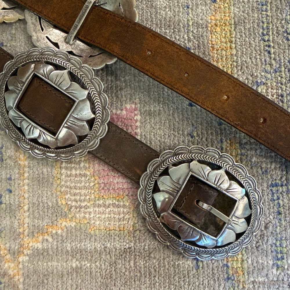 Brighton 1993 Sunflower Western Brown Leather Concho Belt Silver-Tone Buckles - Picture 4 of 9